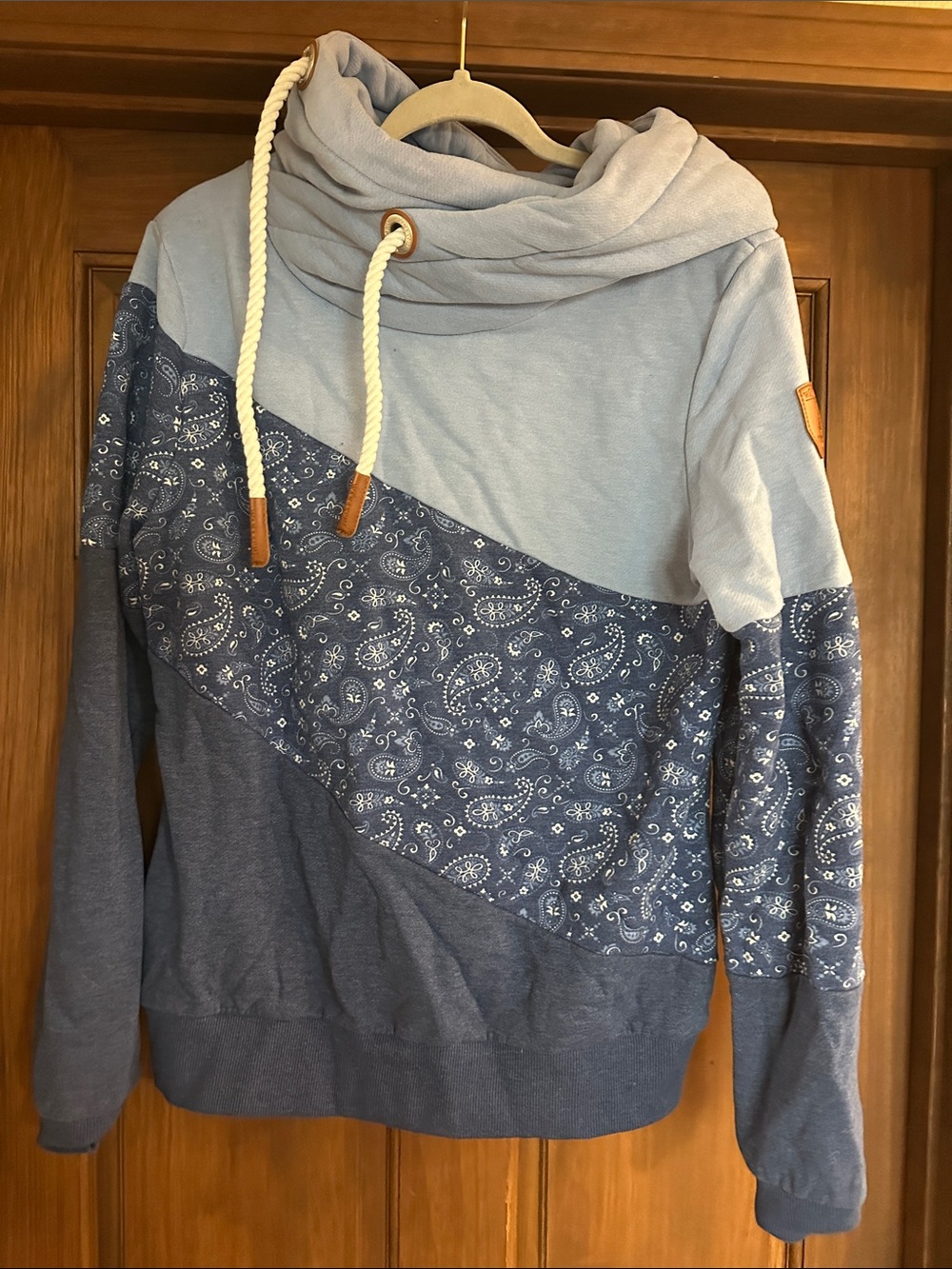Wanakome Light and Dark Blue Bandana-Panel Funnel Neck Hoodie